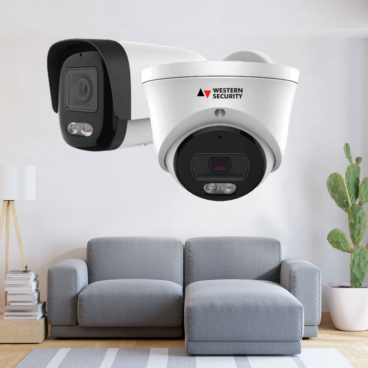 Western Security bullet and dome IP cameras in a modern living room